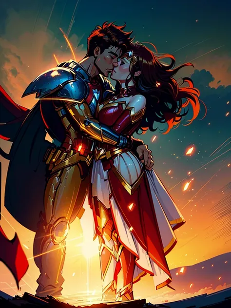 Imagine Iron Man and Wonder Woman in a tender moment, In a stunning setting. iron Man, with your shining armor, Gently wraps Wonder Woman in his arms as they share a passionate kiss. Ao fundo, the sun sets in golden tones and the sky is dyed with vibrant c...