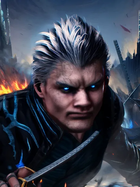 vergil, blue clothing, robe, katana with white handle, devil may cry, white hair, slick back, blue eyes, cold stare, holding kat...