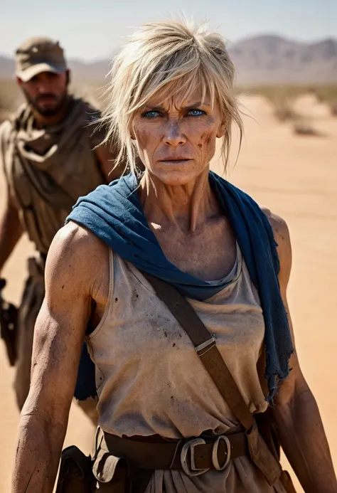 Create an image of a muscular man, athletic woman wearing rags and old woman, grimy, torn garments. She is a soldier in a war and desert environment. She has straight blonde hair and emo bangs, vibrant blue eyes, and flawless white skin. Despite being an e...