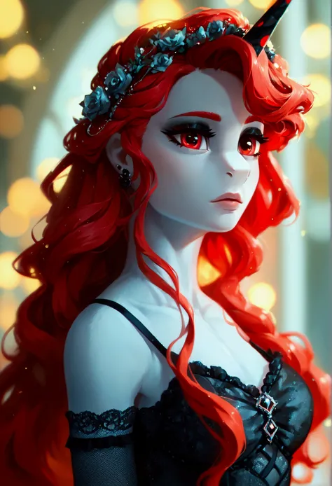 score_9,score_8_up,score_7_up,score_6_up, ((my little pony)), radiant lighting, vibrant colors, whimsical atmosphere, 8K, high resolution, highly detailed, masterpiece, white body, goth style, very long red hair, red eyes, fishnet stockings, dress