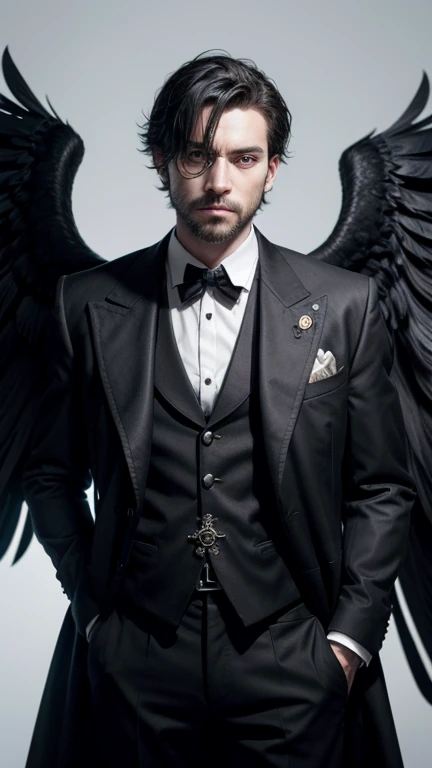 ((literally)) a man with the head of a raven, a monocle in his right eye, large black wings