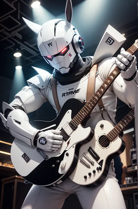 robot rabbit, White color, masculine, humanoid, in a club playing a guitar, 