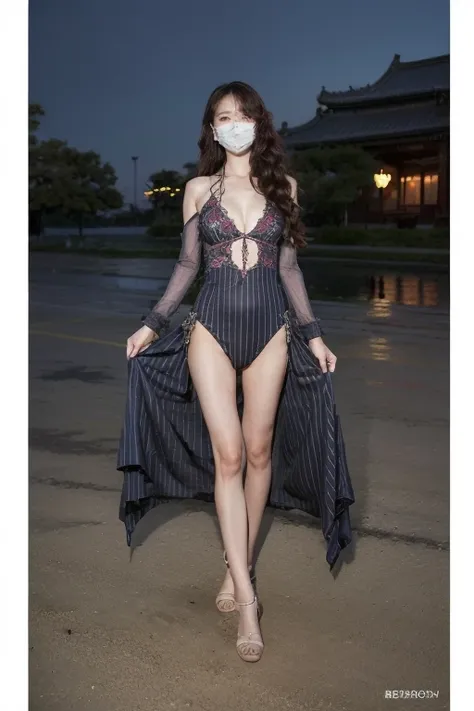 ((original photography:1.2))，RAW photos,Night view of Beijing，Top quality, masterpiece, Ultra HD, (Reality: 1.4), 1 Girl, Perfect body，Full body portrait，Fashion的头发, Very curly hair, delicate eyes, Side Light, Sweating，With a mask, Medium breasts，Fashion的e...