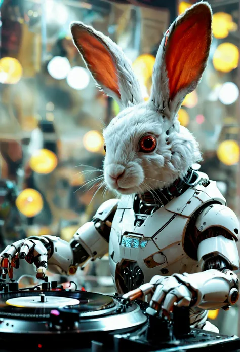 robot rabbit, White color, masculine, humanoid, in a club playing a turntable and dj mixer,