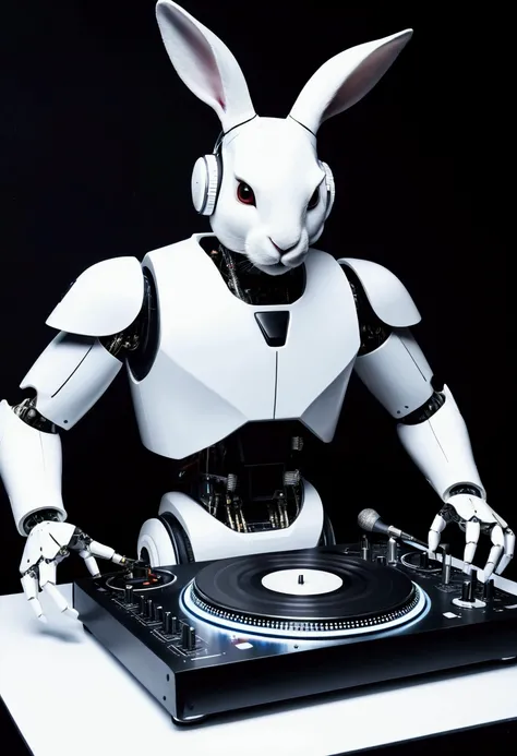 robot rabbit, White color, masculine, humanoid, in a club playing a turntable and dj mixer,