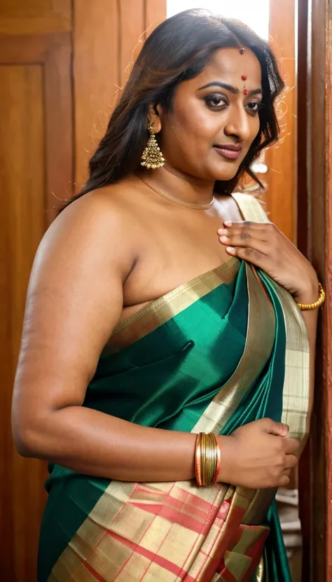 Foto RAW, photorealistic, photography, full body shot, 50 years old Woman, master shot, perfect eyes, goddess like beauty, pierced eyes, perfect thick chubby mallu Desi aunty bhabhi, Wearing a Stanapatta, a chest-band.Saree model, model Photography, Indian...