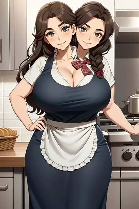 2heads, a tall fat woman with 2 heads. She is in a kitchen, standing behind a countertop  She is wearing an apron. Cleavage. She is wearing a bandana to push her hair back. She has long curly brown hair. She is very tall and mature. She is baking a pastry....