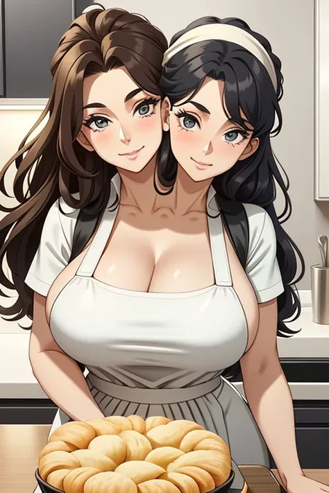 2heads, a tall fat woman with 2 heads. She is in a kitchen, standing behind a countertop  She is wearing an apron. Cleavage. She is wearing a bandana to push her hair back. She has long curly brown hair. She is very tall and mature. She is baking a pastry....