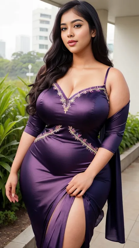  south Indian beautiful woman sexy curvy plus size model wearing different random color skin tight Bollywood Blush Banarasi Dress, eye contact camera view, different style standing position, curvy plus size big hour glass bulky huge figure, big m-cup bulky...