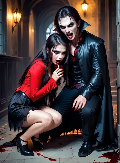 a vampire man crouching next to an attractive human teenage woman, girl in torn clothing, vampire drinking blood from girl, girl is afraid, girl is human and is attacked, vampire have no mercy, woman is victim