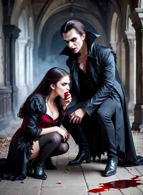 a vampire man crouching next to an attractive human teenage woman, girl in torn clothing, vampire drinking blood from girl, girl is afraid, girl is human and is attacked, vampire have no mercy, woman is victim