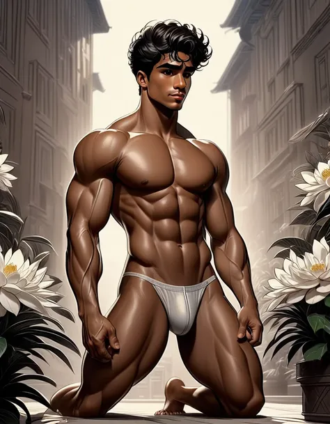 In leng jun art style front view fullbody, 1man, shirtless, pantless, squatting white thongs, barefoot, siting on the floor, An fullbody portrait, view from aside behind |ultradetailed color pensil drawing, ((low angle view, storbe lighting,becoming the su...