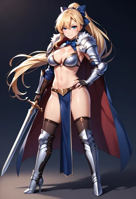 masterpiece, best quality, 1girl, breasts, solo, blonde-hair, blue-eyes, pelvic-curtain, navel, armor, large-breasts, ponytail, cape, cleavage, sword, gloves, weapon, looking-at-viewer, smile, boots, fingerless-gloves, full-body, very-long-hair, standing, ...