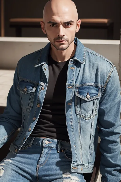 Man in stylish outfit denim jacket and jeans, bald little hair, ultra realistic photos 