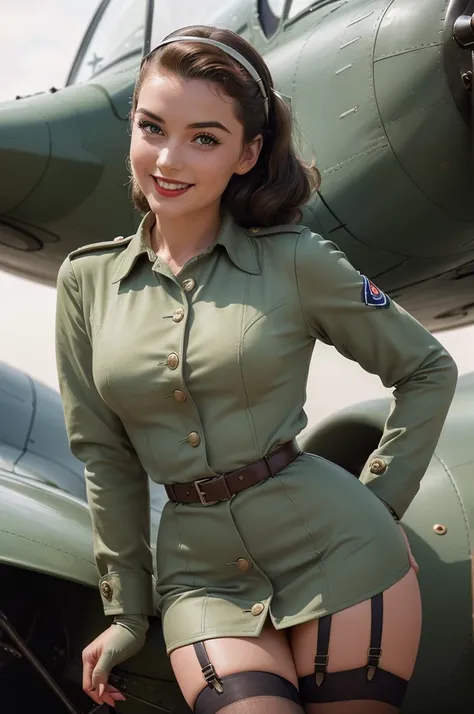 (Hyper-realistic photo: 1.5), (detailed and elaborate details: 1.3), (theatrical dramatic lighting, striking shadow and light: 1.2), (Portrait of beautiful young pin-up girl, smiling, in 1950s air force uniform). Real skin, sweat spots, freckles, green eye...