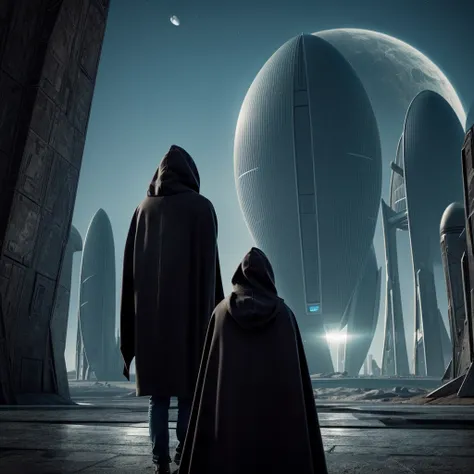 (The best quality)Hooded person looking at the futuristic architecture of an advanced civilization on another planet with dark color palette