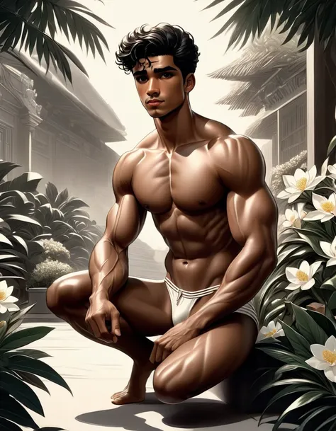 In leng jun art style front view fullbody, 1man, shirtless, pantless, squatting white thongs, barefoot, siting on the floor, An fullbody portrait, view from aside behind |ultradetailed color pensil drawing, ((low angle view, storbe lighting,becoming the su...