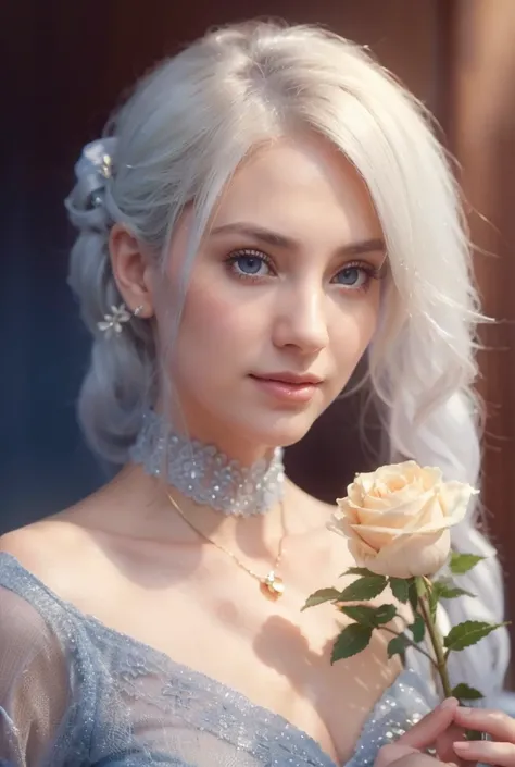 (Best quality, Ultra detailed, Golden ratio, Masterpiece:1.2), Theatrical lighting:0.7, Photo of a woman, dressed in a very elegant and pretty dress, Perfect rare face, (Highly detailed skin), randomly dyed white hair, Hide your mouth with your hands、Ridic...