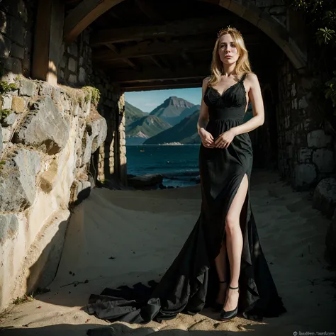 full body of Vera Farmiga with a golden crown, blonde hair, pale skin, green eyes, black makeup, gothic dress, black dress, in the background a landscape of Brazil with beach and mountains, at day