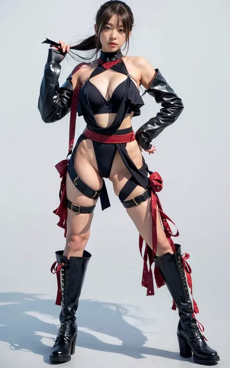 A woman dressed as Izumi from Queen&#39;s Blade、Kunoichi、26 years old、Beautiful bare legs、Brown Hair、Short ponytail、High resolution、8K、A dull smile、erotic、Beautiful female body、Fundoshi thong、armor、gloves、Black boots、A tight and toned body、A little muscle、...