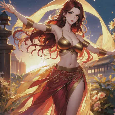 (masterpiece, best quality: 1.2), 1 female, solo, dancing alone, xian mei, unique golden eyes, long red curly hair, jewelry, per...