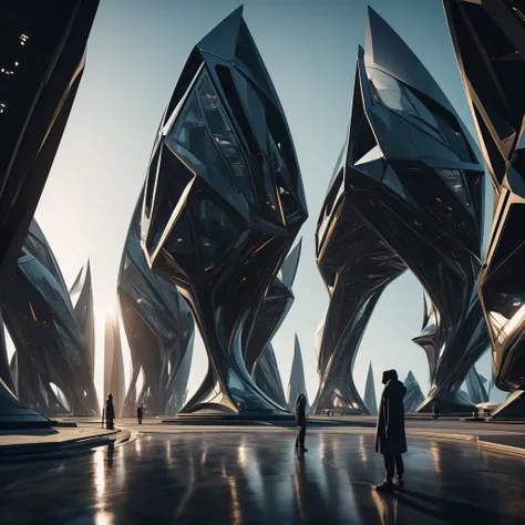 (The best quality)Hooded person looking at the futuristic architecture of an advanced civilization on another planet with dark color palette