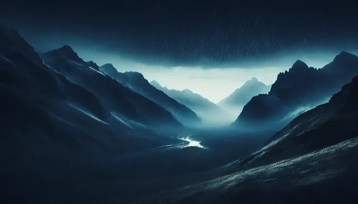 view from a dark window with black walls, outside dark mountains at night and black rain sky