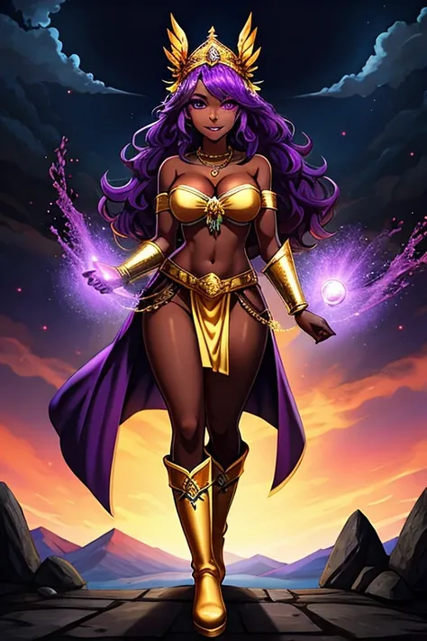 (best quality:1.3), (4K quality),masterpiece, best quality, high res, detailed, (Detailed face:1.2), (Detailed eyes:1.2), (Perfect figure:1.2), Fantasy style, Fantasy environment, solo, 1girl, BREAK 25 year old woman, sorceress, (Dark skin:1.5), purple hai...