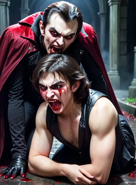 a vampire man with large canines crouching next to an attractive human teenage woman biting her neck, woman is crying, blood everywhere