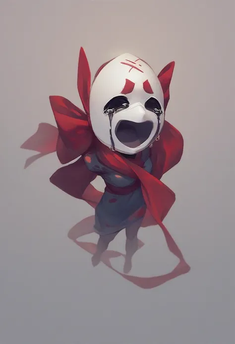 gangle, 1girl, solo, black eyes, tears, red ribbon skin, no humans, mask, floating white mask, crying, full body, source, source_cartoon, open mouth