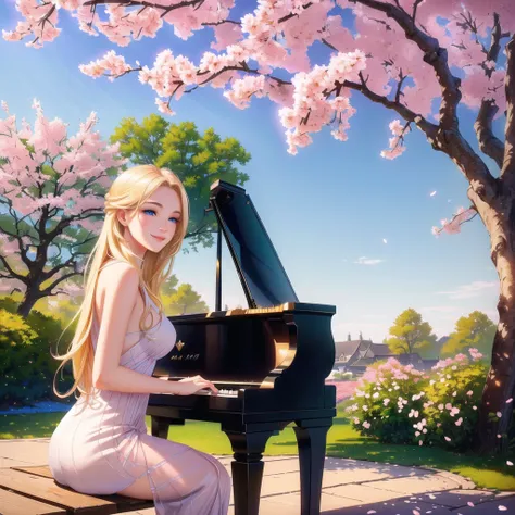 a beautiful blonde girl smiling, with stunning blue eyes, playing a grand piano under a blooming cherry blossom tree, masterpiece, (best quality,4k,8k,highres,masterpiece:1.2),ultra-detailed,(realistic,photorealistic,photo-realistic:1.37),intricate details...