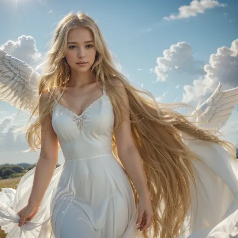 An ethereal blonde woman with angelic wings, surrounded by a heavenly glow. She has long, flowing golden hair, wearing a flowing white dress. The background is a bright, serene sky with soft, fluffy clouds. The image should be highly detailed and realistic...