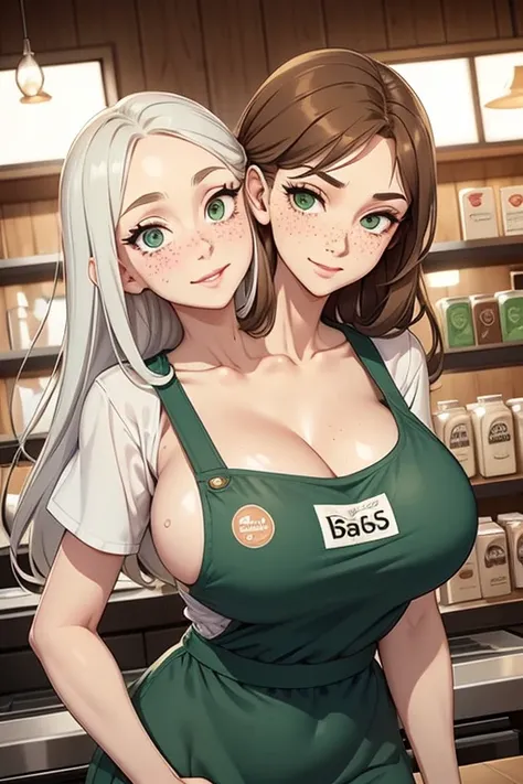 2heads, a very tall skinny woman with 2 heads. Working behind the counter at the register at a coffee shop. Wearing green apron with store logo, wearing worker uniform. Cleavage. Mature, milf. Messy long white hair. Thin face, cute face. Smiling. Blushing....