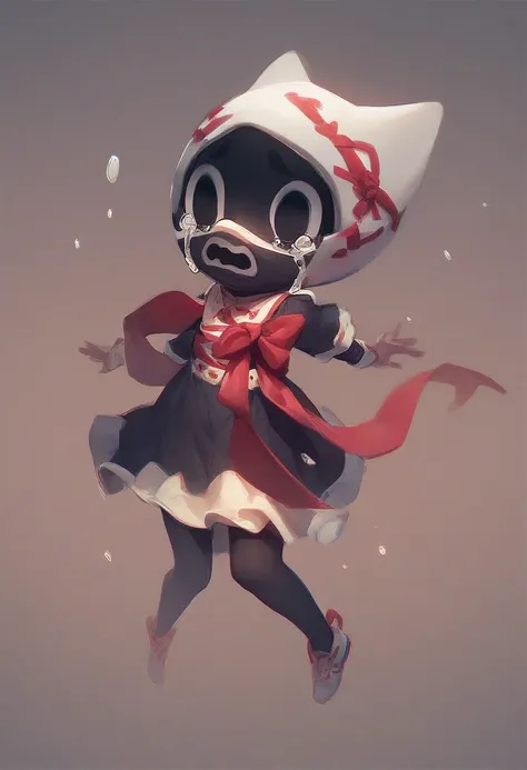 gangle, 1girl, solo, black eyes, tears, red ribbon skin, no humans, mask, floating white mask, crying, full body, source, source_cartoon, open mouth, black mouth