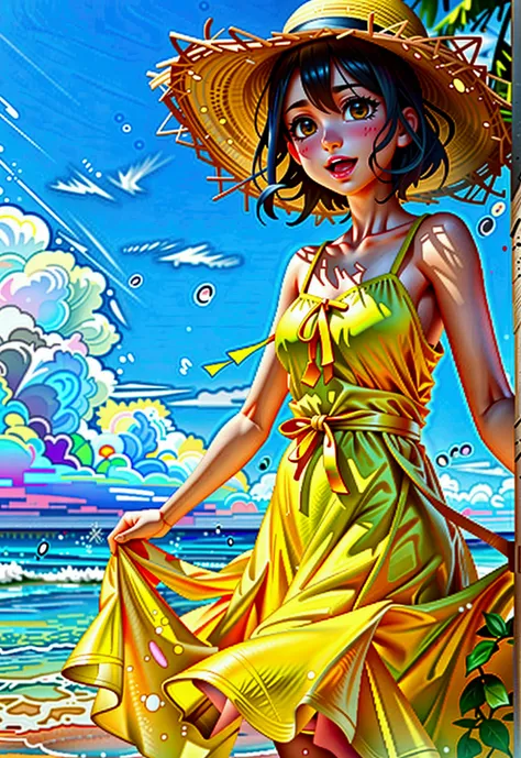 yaoyorozu momo, Summer Dresses, Short yellow dress, Air blowing, Flip up the dress、Showing white panties. Playa, sunny. return