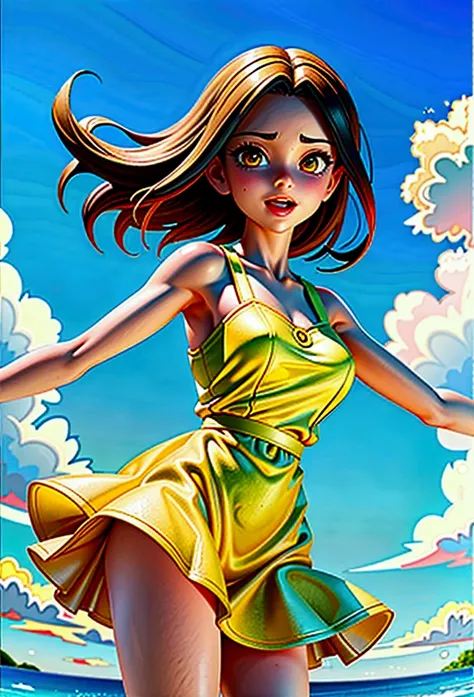 yaoyorozu momo, Summer Dresses, Short yellow dress, Air blowing, Flip up the dress、Showing white panties. Playa, sunny. return