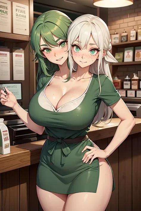 2heads, a very tall skinny woman with 2 heads. Working behind the counter at the register at a coffee shop. Wearing green apron with store logo, wearing worker uniform. Cleavage. Mature, milf. Messy long white hair. Thin face, cute face. Smiling. Blushing....