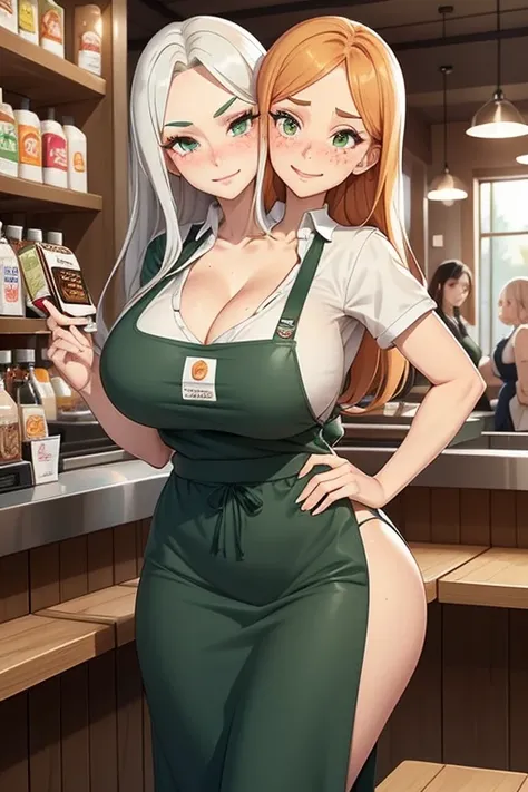 2heads, a very tall skinny woman with 2 heads. Working behind the counter at the register at a coffee shop. Wearing green apron with store logo, wearing worker uniform. Cleavage. Mature, milf. Messy long white hair. Thin face, cute face. Smiling. Blushing....