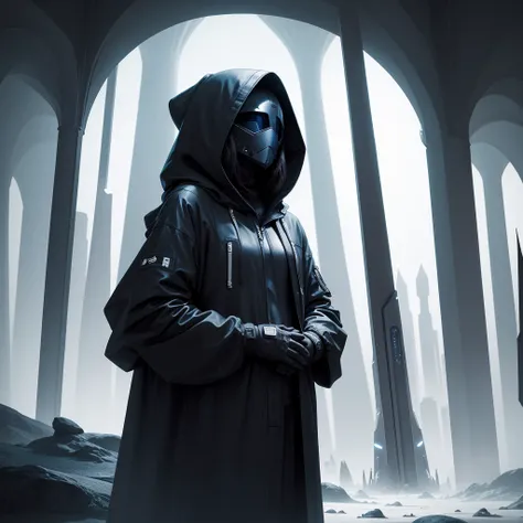 (The best quality)Hooded person looking at the futuristic architecture of an advanced civilization on another planet with dark color palette