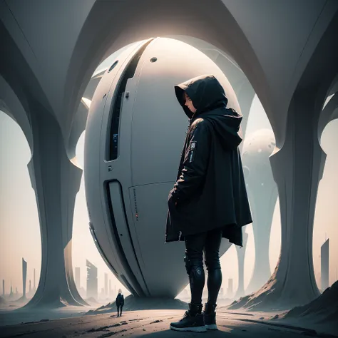 (The best quality)Hooded person looking at the futuristic architecture of an advanced civilization on another planet with dark color palette