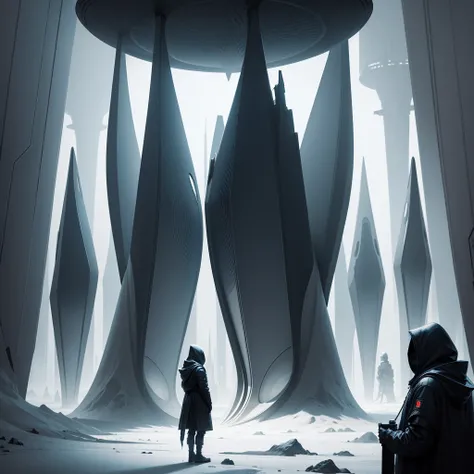 (The best quality)Hooded person looking at the futuristic architecture of an advanced civilization on another planet with dark color palette