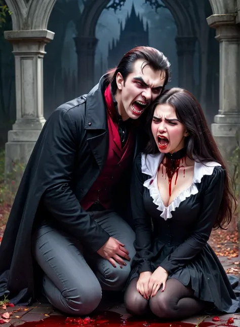 a vampire man with large canines crouching next to an attractive human teenage woman biting her neck, woman is crying, blood everywhere, large canine, vampire fangs