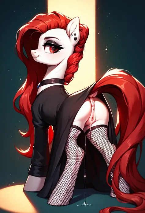 score_9,score_8_up,score_7_up,score_6_up, ((my little pony)), radiant lighting, vibrant colors, whimsical atmosphere, 8K, high resolution, highly detailed, masterpiece, white body, goth style, very long red hair, red eyes, fishnet stockings, dress, showing...