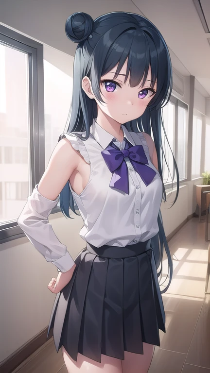 yoshikotsushima, yoshiko tsushima, blue hair, hair bun, (purple eyes:1.1), single side bun, bangs, long hair, (small breast:1.2)...