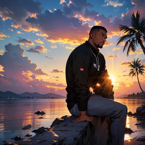 black man thinking about life at sunset