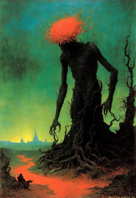 Mythical creatures, author：Zdzislaw Beksiński and Vincent Van Gogh, Album cover, romantic, Surrealism, Futuristic ,Satan, Coral, Wizard, Dark Forest