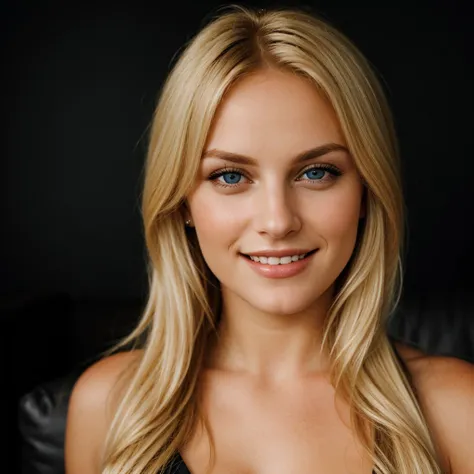 ;a blonde woman with perfect eyes, smile, dark background, on the couch