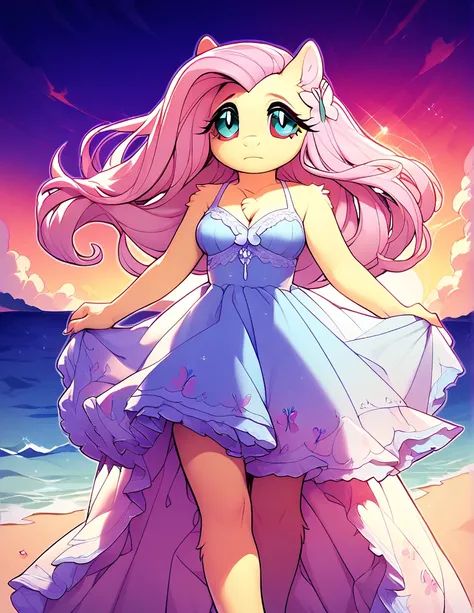 safe content, mammal, anthro, female, fur, solo, hair, Fluttershy, red sclera, dress, white eyes, official art, beach, sunset