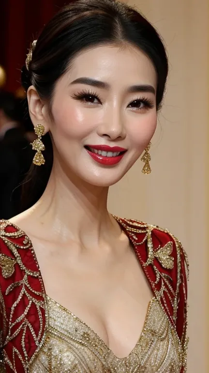 Li Bingbing wearing fantastic designer clothes with painted lips and smiling