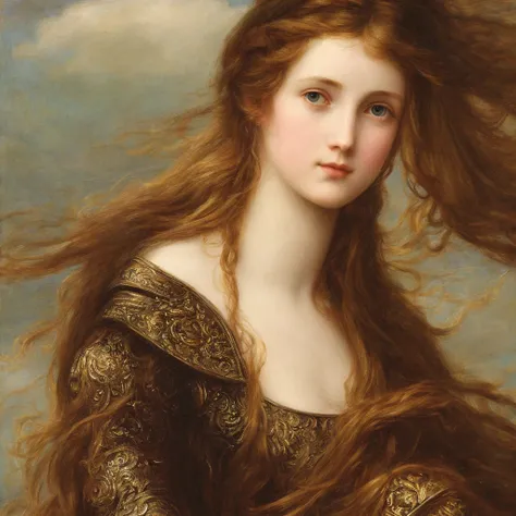 Pre-Raphaelite close-up portrait of a young maiden with long hair, wearing intricate armor, glorious atmosphere, high-quality, high definition